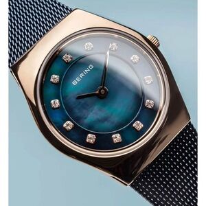 Bering Classic Polished Rose Gold & Navy Blue Women's Watch NEW